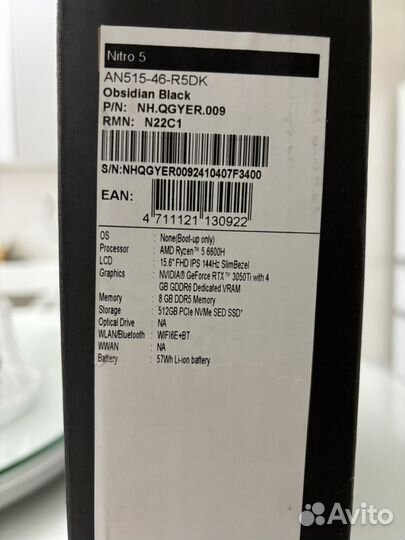 Ноутбук Acer nitro5/Ryzen5 6600H/DDR5/144ghz