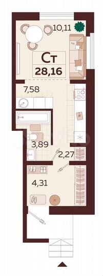 1-к. квартира, 28,2 м², 1/9 эт.