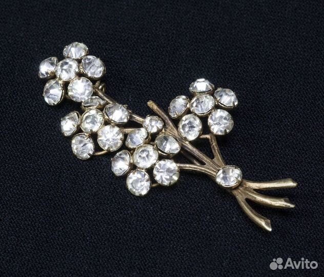 Брошь Ветка, серебро и горный хрусталь, 875 проба