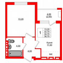 1-к. квартира, 34,7 м², 2/4 эт.
