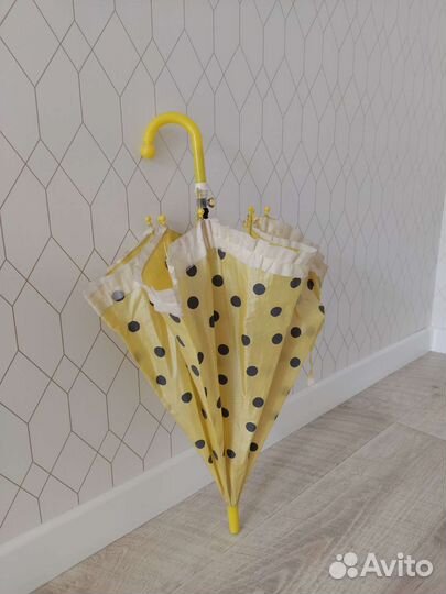 Зонт трость детский для девочки жёлтый в горох