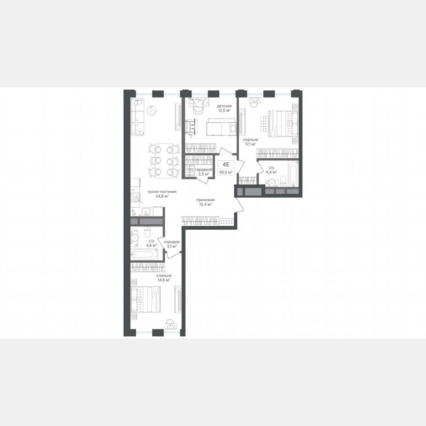 3-к. квартира, 95,5 м², 9/12 эт.