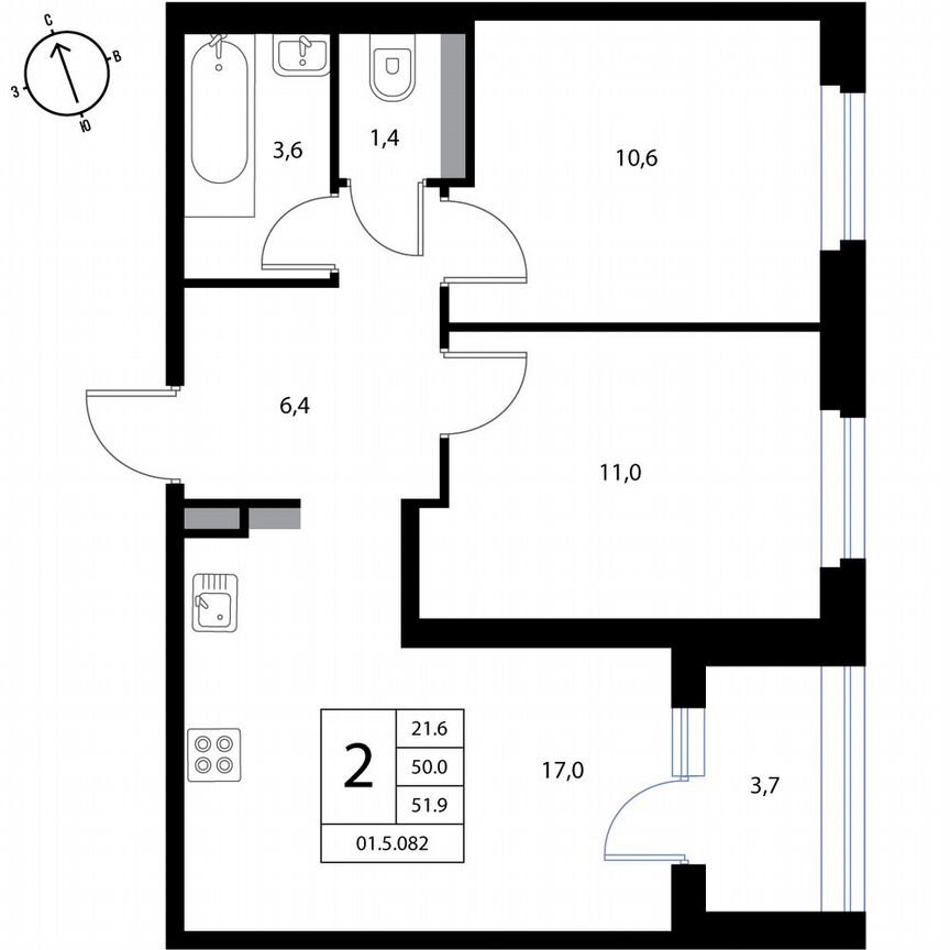 2-к. квартира, 51,9 м², 3/3 эт.