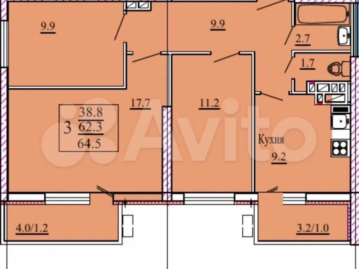 3-к. квартира, 64,5 м², 6/25 эт.