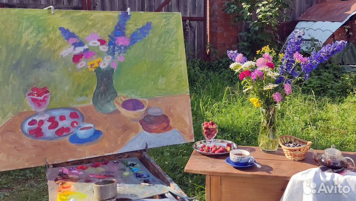 Картина маслом Букет Цветов Летнее чаепитие