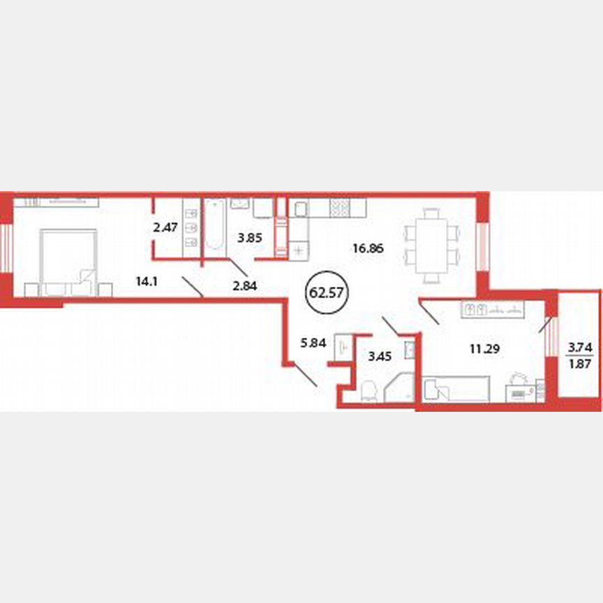 2-к. квартира, 62,6 м², 10/12 эт.