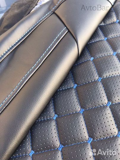 Чехлы экокожа Renault Logan Синяя строчка, ромб