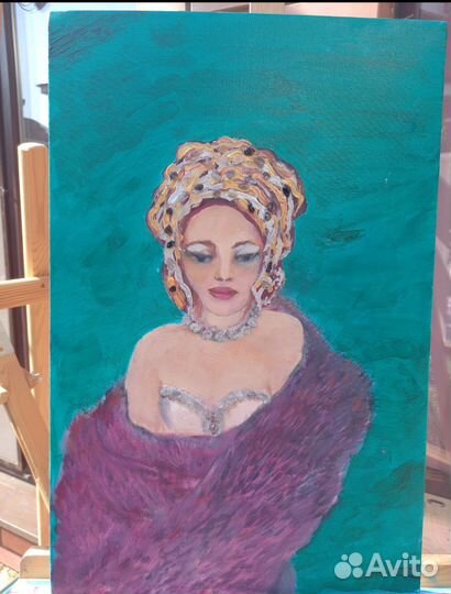 Картина маслом на холсте девушка в меховой накидке