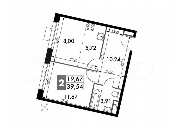 2-к. апартаменты, 39,5 м², 6/15 эт.