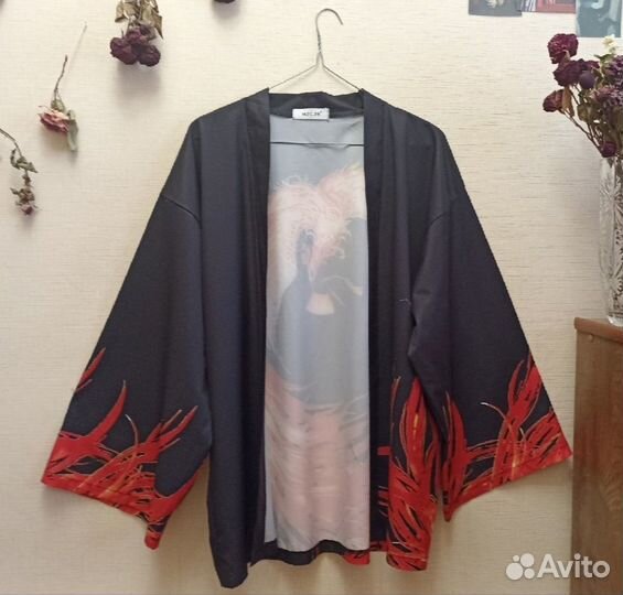 Чёрное хаори с принтом феникс