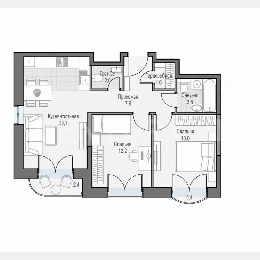 2-к. квартира, 62,3 м², 5/26 эт.