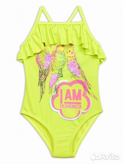 Купальник для девочек яблочный с попугаями (рост 1
