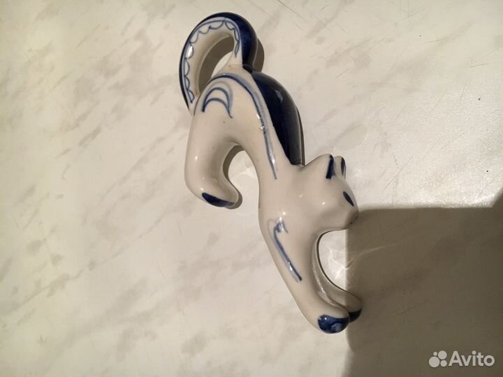 Фигурка кошки гжель синяя Советская