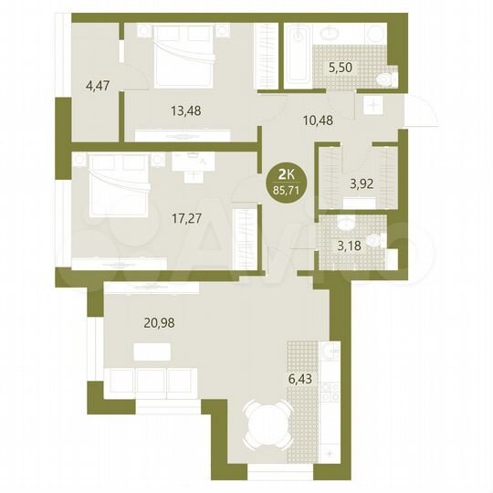 2-к. квартира, 85,7 м², 6/15 эт.