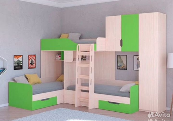 Кровать детская для троих детей со шкафом Сонома/О