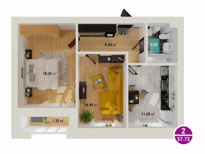 2-к. квартира, 57,7 м², 6/8 эт.