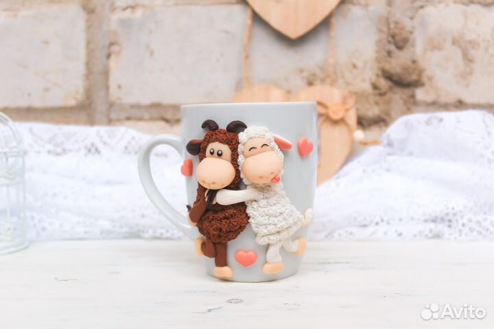Кружка с декором из полимерной глины. Овечки