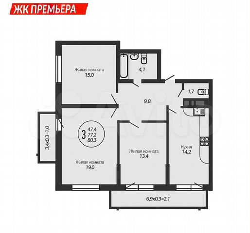 Проект трехкомнатной квартиры 80 кв м 3-к. квартира, 80,3 м², 9/18 эт. на продажу в Краснодаре Купить квартиру Авито