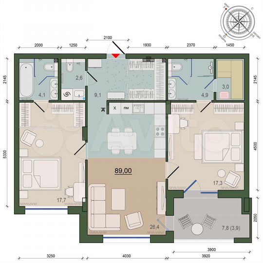 2-к. квартира, 89,3 м², 4/10 эт.