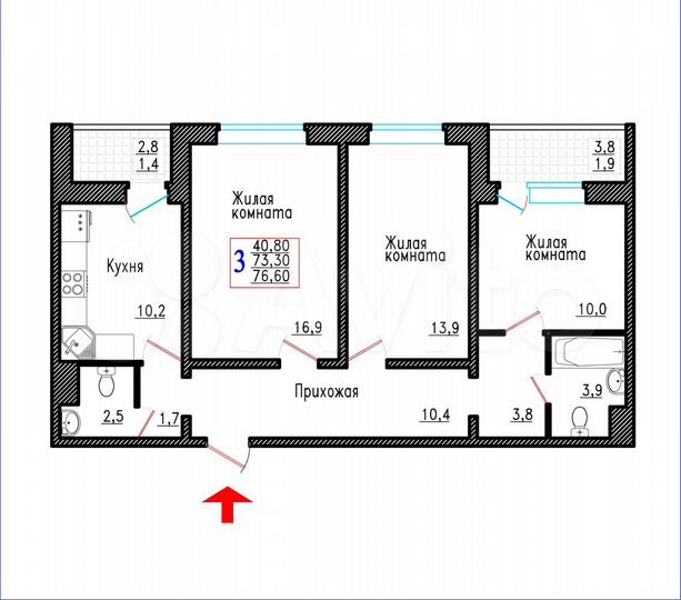 3-к. квартира, 76,6 м², 6/18 эт.