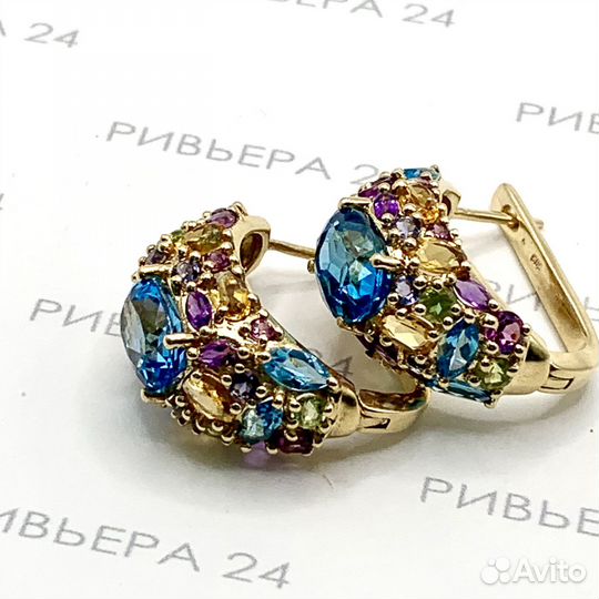 Золотые серьги с микс камней 585 пробы 13.33 грамм