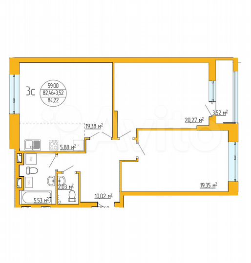 3-к. квартира, 84,2 м², 7/16 эт.