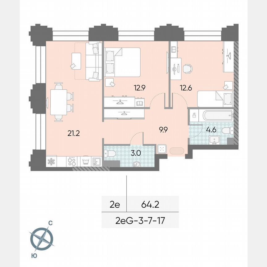 2-к. квартира, 64,2 м², 13/43 эт.
