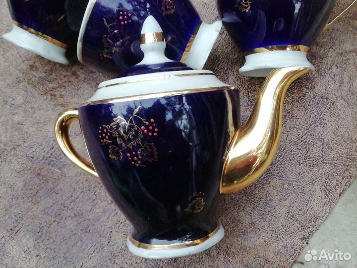 Заварник, чашки, фарфор, кобальт