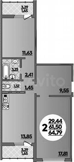 2-к. квартира, 64,5 м², 4/17 эт.