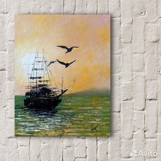 Картина маслом Корабль на закате Морской пейзаж
