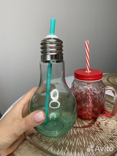 Стаканы для напитков стеклянные с трубочкой