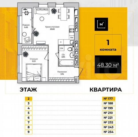 1-к. квартира, 48,3 м², 9/9 эт.