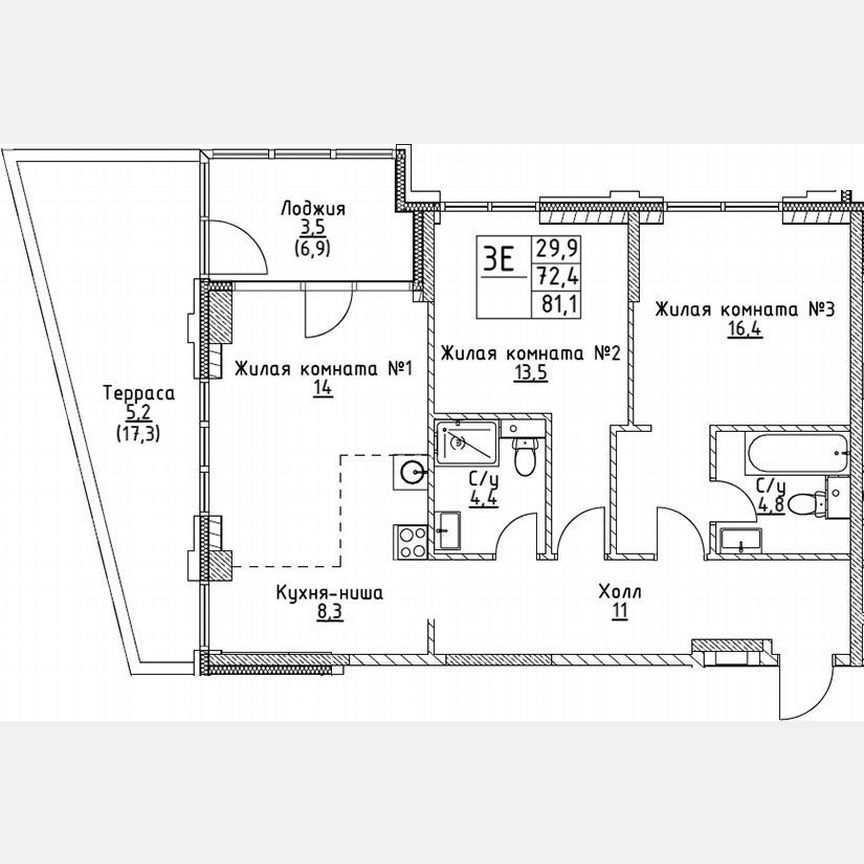 2-к. квартира, 72,4 м², 2/19 эт.