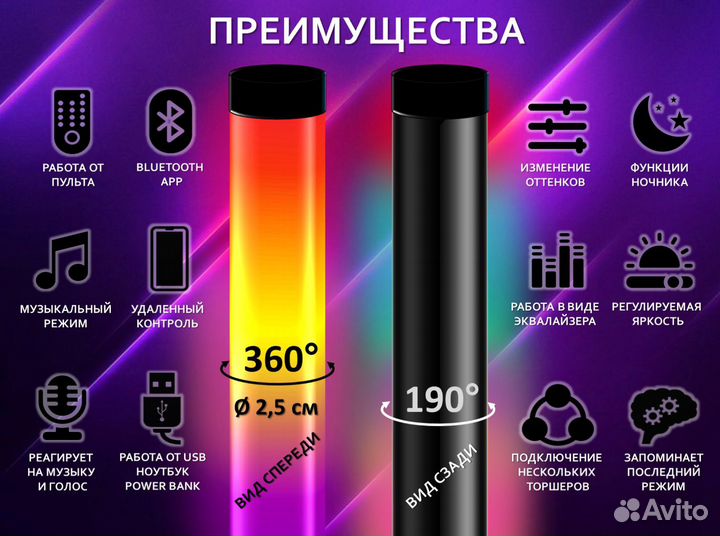 Торшер rgb, торшеры угловые, лампа rgb, неон