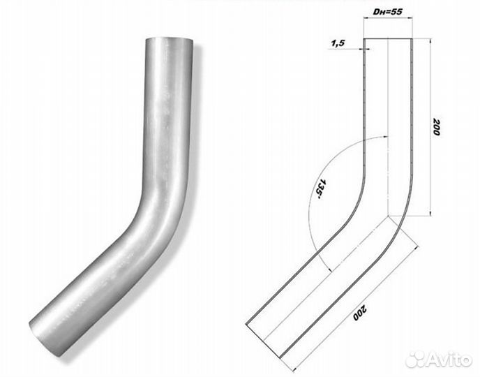 Изгиб трубы глушителя d55, угол 45 градусов