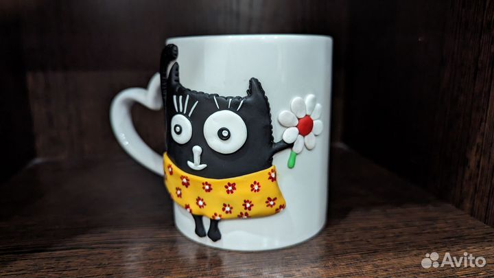 Кружка кошечка, ручная работа из полимерной глины
