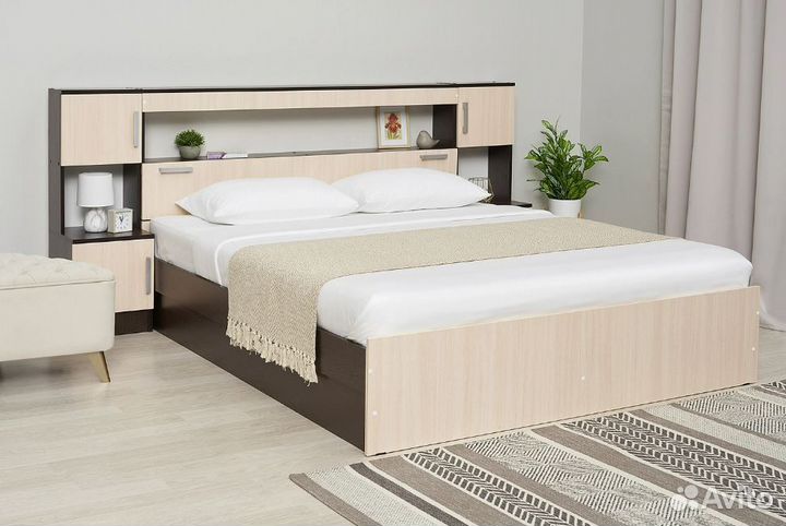 Кровать Бассо 1.6 м с надстройкой и тумбами дуб бе