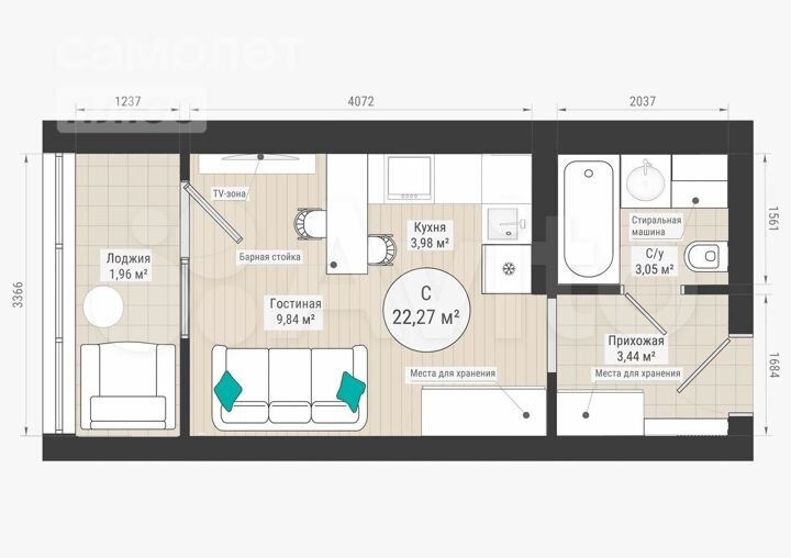Квартира-студия, 22,2 м², 7/27 эт.