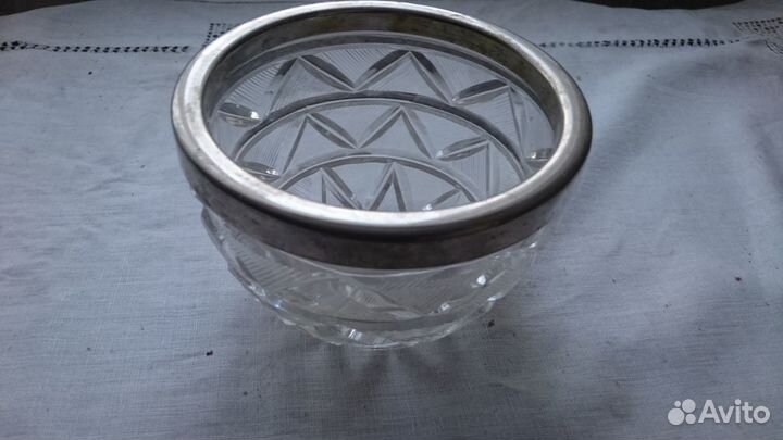 Конфетница ваза толстый хрусталь обод сталь СССР