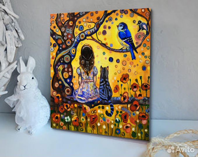 Девочка и котик картина маслом холст 30*30см