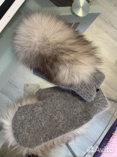 Варежки рукавички ангора +натуральный песец