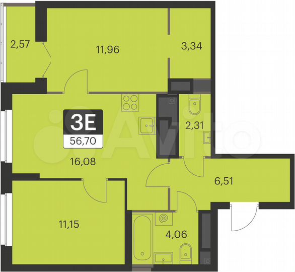 2-к. квартира, 56,7 м², 11/17 эт.