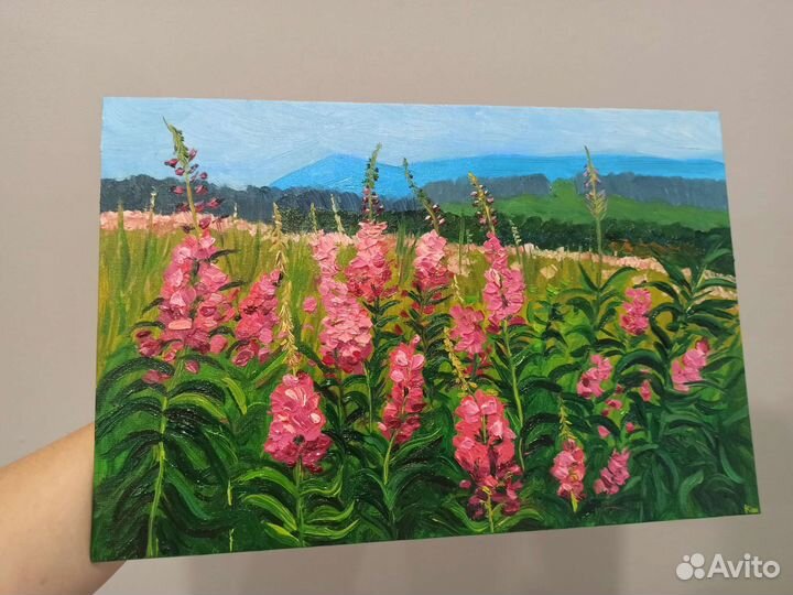 Картина маслом Иван-чай 30*20