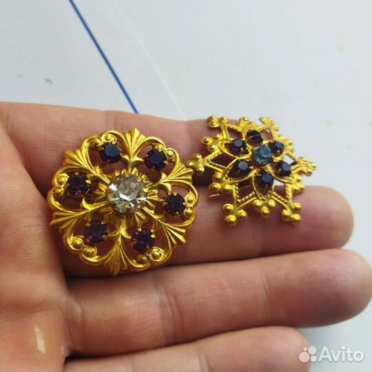 Позолоченная брошь с камушками СССР Чехословакия