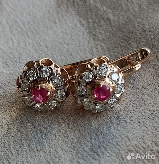Золотые серьги Малинки бриллианты рубины