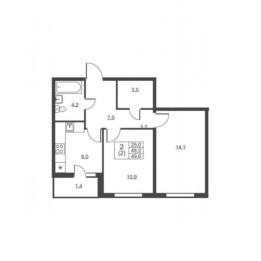 2-к. квартира, 49,6 м², 1/8 эт.