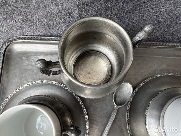 Винтажный кофейный набор, сахарница оловянная
