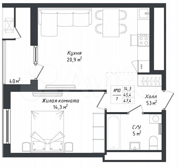 1-к. квартира, 47,4 м², 1/18 эт.