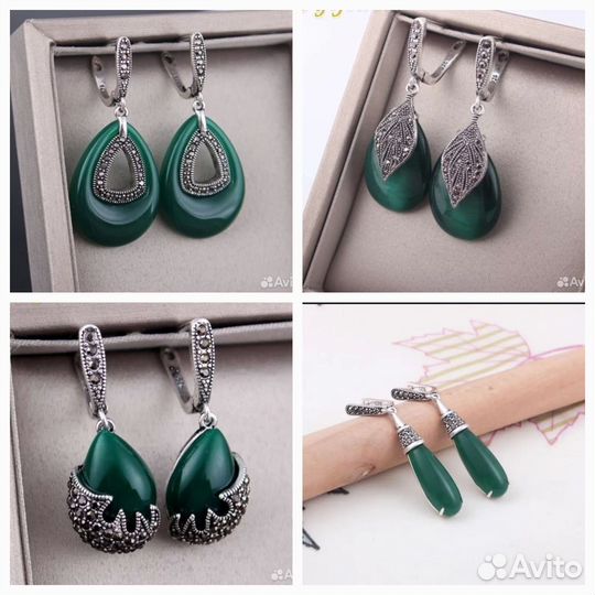 Серьги с нефритом 925 проба