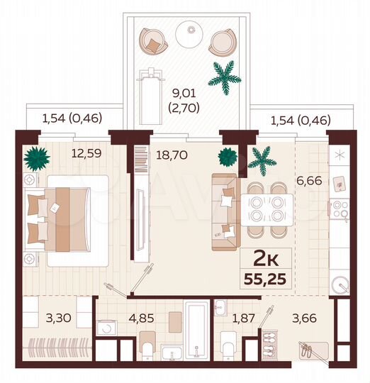 2-к. квартира, 54,4 м², 5/9 эт.